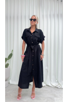 Sukienka Koszulowa Maxi Premium Wiązana w Pasie Elegancka Oversize Guziki Kieszenie - czarny